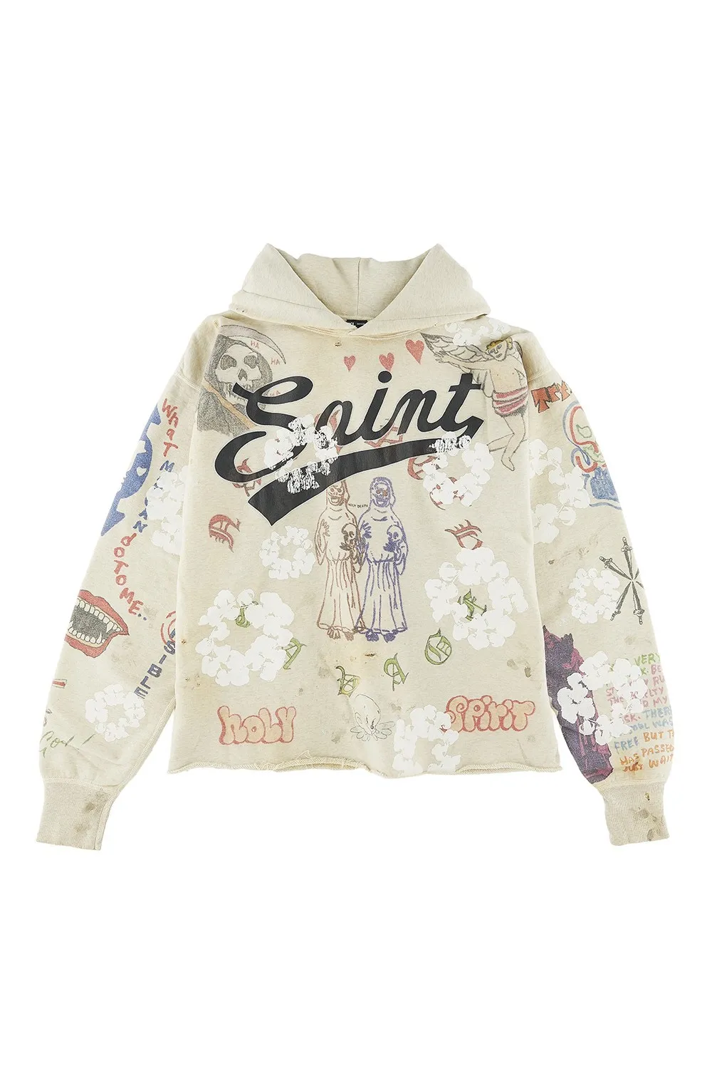 DENIM TEARS × ©SAINT M×××××× "SAINT TEARS" Graffiti Hoodie Joint Model Cotton Graffiti Hoodie Fully Printed Washed Distressed Holes Vintage Sweatshirt Gray S-XL Super Heavy Duty! The whole piece is printed with 35 screens and counterpoint printing!